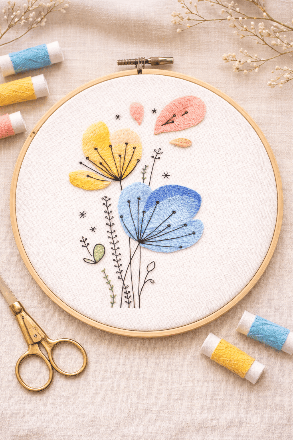Delicate Modern Floral Hand Embroidery on Linen (Free Pattern)